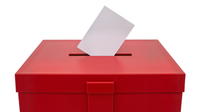 Red ballot box with white paper ballot inserted, isolated on transparent background