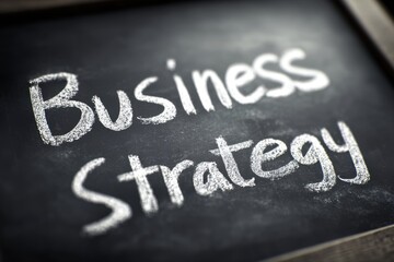 Fototapeta premium White chalk text spelling out business strategy written on a black chalkboard symbolizing planning and development concepts for companies and entrepreneurship succes