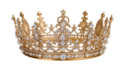 Ornate golden crown adorned with diamonds and pearls, isolated on transparent background © Maria