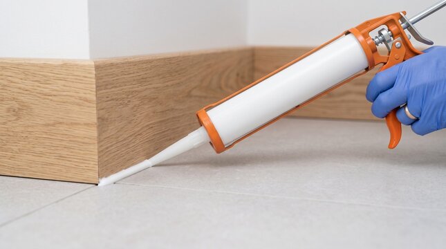 Person in blue glove applying white silicone sealant to tile and baseboard gap, demonstrating home repair and DIY renovation techniques.