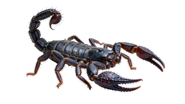 Black scorpion with segmented tail and large pincers, isolated on transparent background