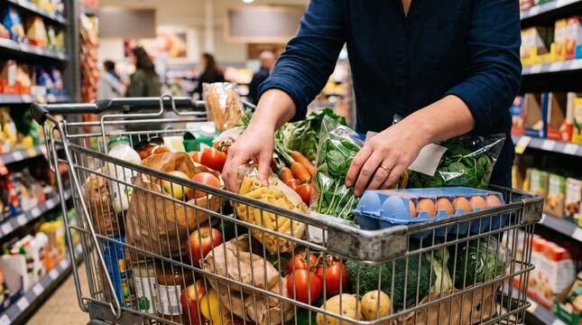 Person placing pasta into a full grocery cart filled with fresh produce and eggs in a supermarket aisle