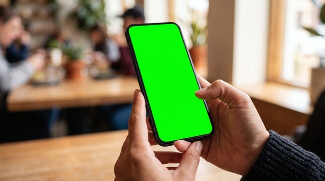 Person holding a smartphone with a green screen in a cafe with blurred background people and plants