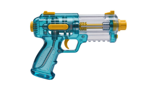 Transparent blue toy water gun with yellow accents, isolated on transparent background