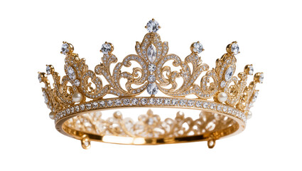 Ornate golden tiara with diamonds and pearls, isolated on transparent background © Maria