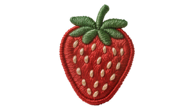 Embroidered red strawberry with green leaves, isolated on transparent background