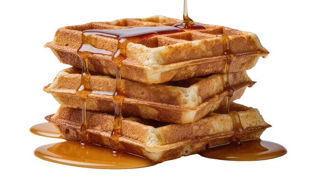 Stack of golden brown waffles with dripping maple syrup, isolated on transparent background