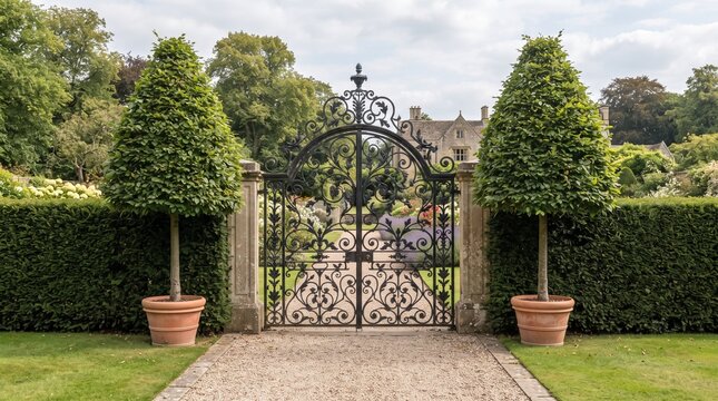 ornate wrought iron garden gate surrounded by green hedge and potted trees