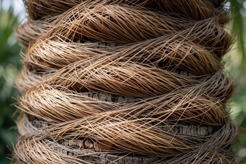 Fototapeta premium Hemp palm trunk close up shows fibrous brown strands spiraling around rough bark. Detailed view of natural texture and organic pattern on a tropical plant.