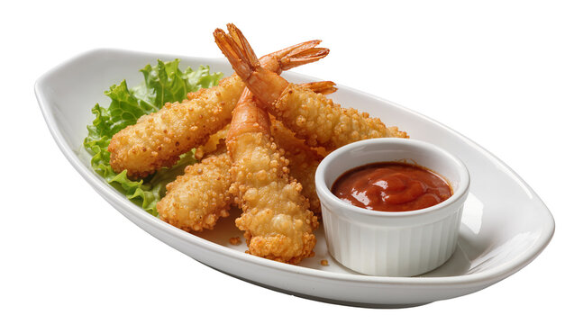 Crispy golden fried shrimp with lettuce and ketchup dip, isolated on transparent background