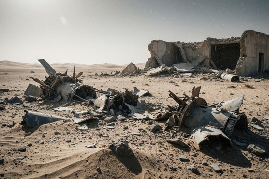 Desert landscape shows wreckage of metal rocket debris. Ruined concrete structures sit behind broken missile parts. Harsh sunlight illuminates barren sand dunes.