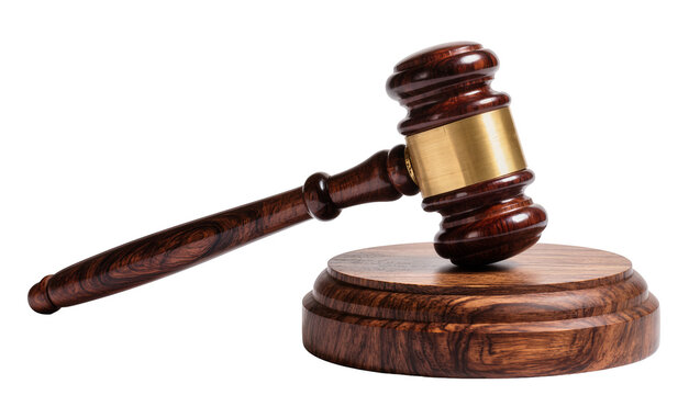 Dark polished wood gavel with brass band resting on wooden sound block, isolated on transparent background