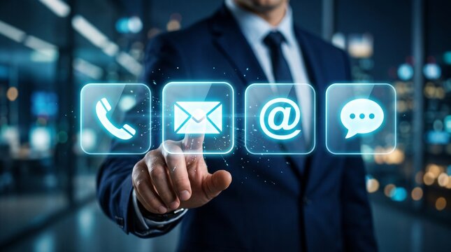 Contact us customer support concept features businessman touching email icon alongside phone address chat buttons on corporate glowing digital interface screen.