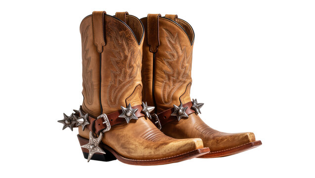 Brown leather cowboy boots with star spurs, isolated on transparent background