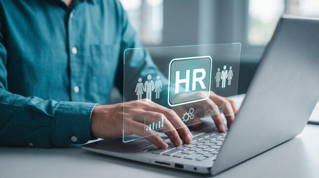 Human resources hr icon hologram on laptop computer operated by corporate employee hands at white office desk representing recruitment talent management service.