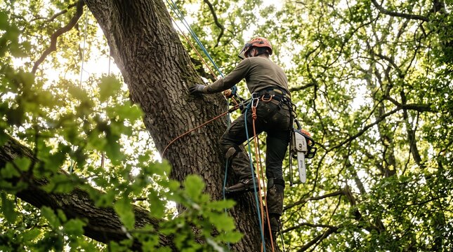 Professional arborist climbing tall oak tree with chainsaw harness rope equipment for forest management forestry service and dangerous branch pruning operation.