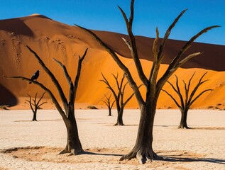 Naklejka premium Dead camel thorn trees stand in white clay pan under orange sand dunes. Black bird sits on dry branch in Namib desert. Arid landscape with big dunes, blue sky at sunrise. Barren nature scene in