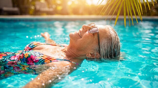 Senior woman relaxing in a swimming pool at sunset. Leisure vacation concept featuring wellness, retirement lifestyle, summer travel, and peaceful outdoor recreation.