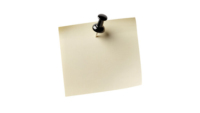Beige paper note pinned with a black thumbtack, isolated on transparent background