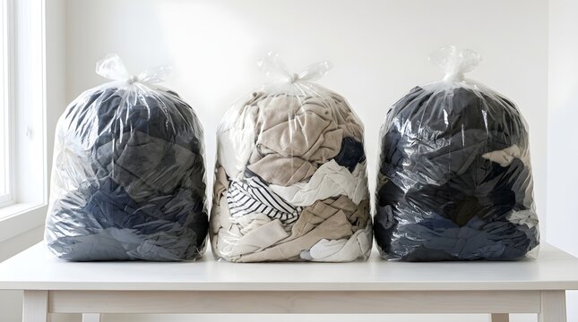 Three transparent plastic bags filled with clothes for donation or storage on white table.