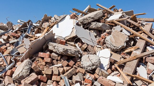 Pile of demolition rubble with broken brick, concrete, wood and exposed metal under a clear blue sky. Construction waste, disaster recovery and urban demolition concept.