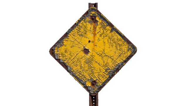 Cracked yellow diamond road sign with rust and peeling paint, isolated on transparent background