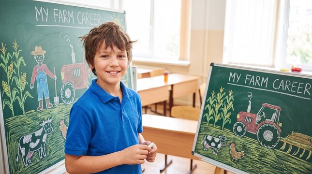 Smiling boy presenting a farm career drawing in classroom. Child education, agriculture learning and future profession concept with chalkboards showing crops, animals and tractor.