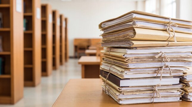Stack of bound paper files and books on a wooden table in a library archive. Document storage, research, administration, education, and information management concept with copy space.