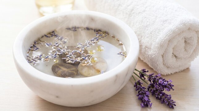Spa bowl filled with lavender water, flower petals, essential oil, and smooth stones beside a rolled towel. Relaxation and natural aromatherapy wellness concept.