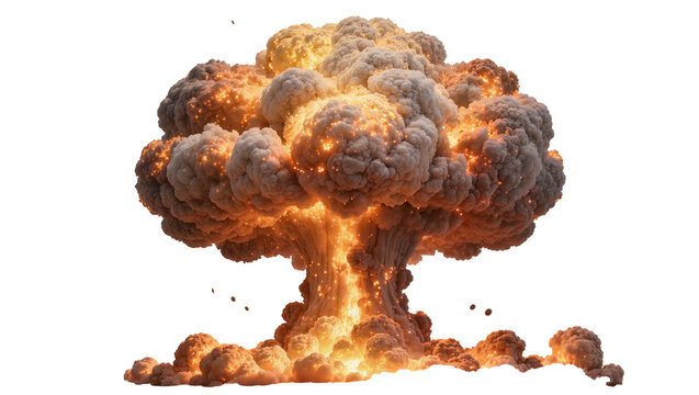 Massive mushroom cloud explosion with fiery embers, isolated on transparent background