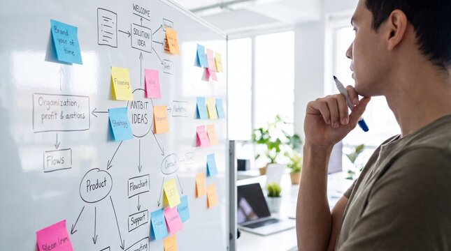 Thoughtful man analyzing a business strategy flowchart on a whiteboard with sticky notes. Creative planning, problem solving, project management, and innovative idea development in an office.