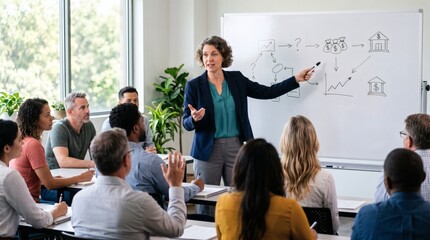 Obraz premium Businesswoman leading a training session explaining financial growth on a whiteboard to diverse employees