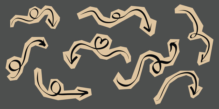 Hand-drawn paper arrows and star stickers for creative scrapbook collages, craft projects, and vintage journal designs with grunge texture elements