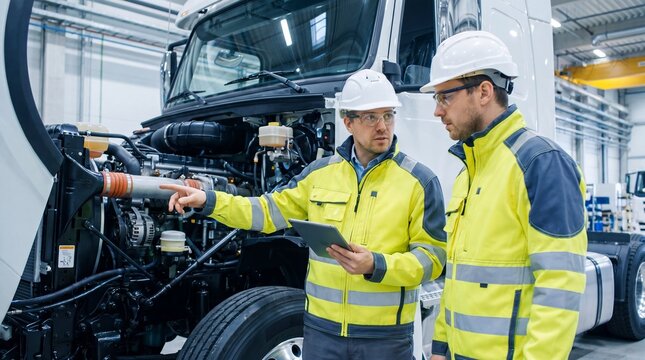Two men engineer inspecting truck engine in service garage with tablet. Industrial vehicle maintenance and diagnostic check concept. Automotive repair workshop quality control