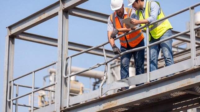 Two male construction engineers reviewing a tablet on an elevated steel framework. Industrial project inspection, workplace safety, teamwork, and engineering supervision concept.