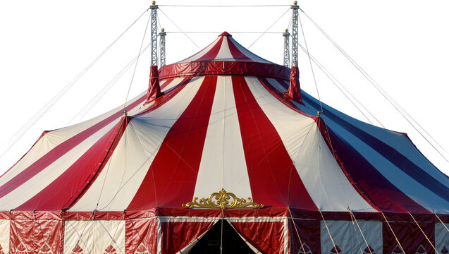 Red and white striped circus tent with golden ornate entrance, isolated on transparent background