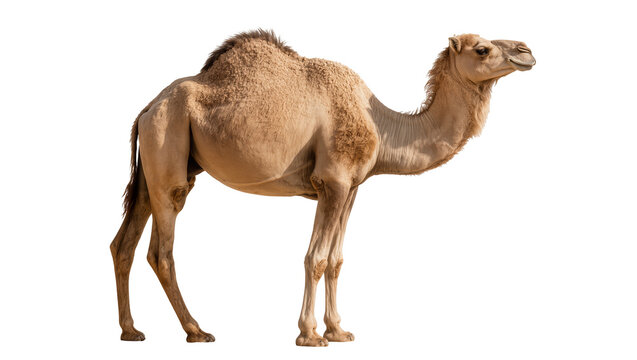 Dromedary camel with one hump standing, isolated on transparent background