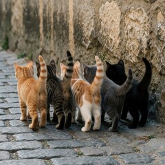 Fototapeta premium Six cats walk together on cobblestone street next to stone wall. Group includes orange, black, striped, grey, black cats. Move in line, tails raised, exploring urban environment. Cats appear playful,