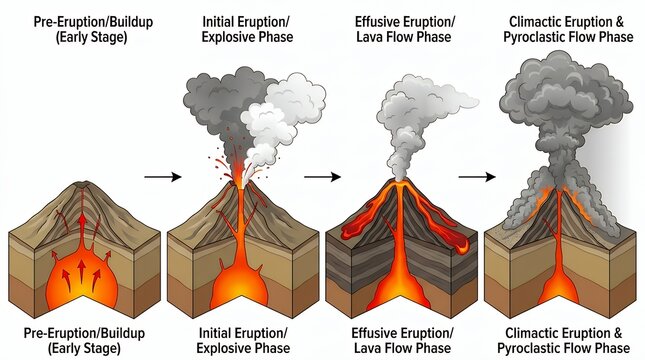 Earth Science Diagram Illustrating Sequence Stages of Volcanic Eruption Showing Molten Magma Flow Ash Clouds Smoke and Thermal Gases volcanic eruption volcano stages magma flow lava flow eruption