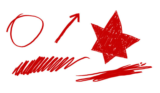 Red Scribble Elements: A collection of hand-drawn red scribbles, including a circle, an arrow, a star, and lines, representing creativity and design elements.
