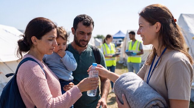 Woman volunteer giving bottled water and blanket to refugee family at outdoor humanitarian aid camp. Community support, emergency relief, charity and crisis assistance concept.