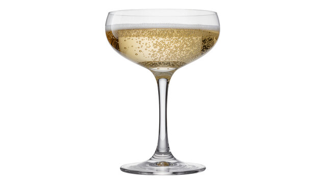 Clear glass coupe champagne glass filled with bubbly golden champagne, isolated on transparent background