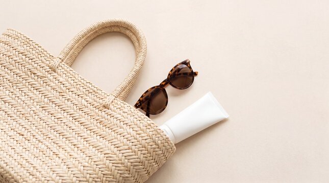 Woven straw beach bag with sunglasses and sunscreen on a neutral surface. Summer vacation essentials for travel, seaside leisure, fashion, and sun protection. Copy space.