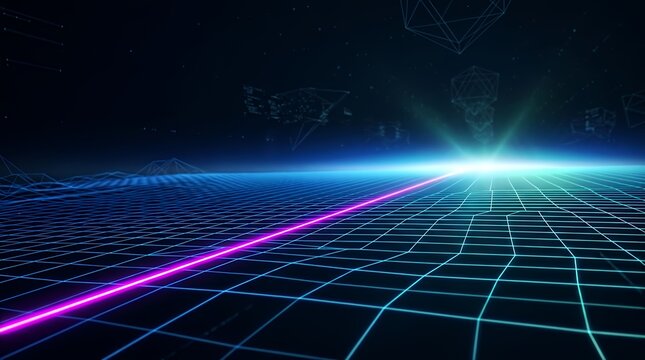 Cyberspace Digital Wireframe Perspective Mesh Ground with Radiant Horizon Glowing neon laser line intersecting infinite geometric wireframe grid in dark cyberspace for virtual reality data science