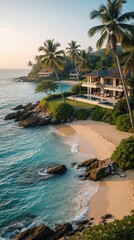 Fototapeta premium Luxury villa with infinity pool sits on tropical beach coastline. Palm trees sway over turquoise ocean waters and sandy shore. Peaceful island residence for exclusive holidays.