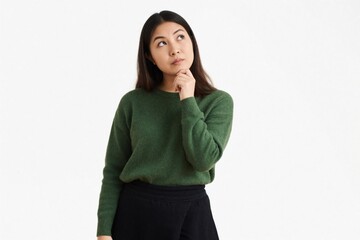 Fototapeta premium Young Asian woman touches chin thoughtfully looking upwards. Considers new idea plans future projects. Female contemplates, expresses deep thinking, considers decisions on white studio background.