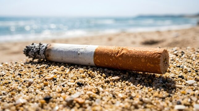 Cigarette butt discarded on sandy beach, environmental pollution and littering concept