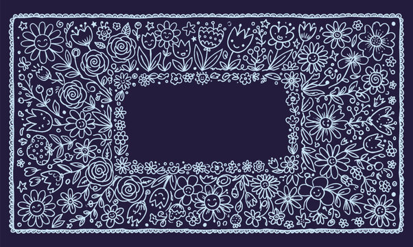 Cute and fun kawaii flower frame rectangular border with botanical doodle elements vector illustration