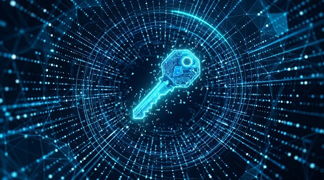 Glowing Three Dimensional Digital Key Suspended in Streaming Data Points Representing Encrypted Cyber Access and Network Authentication key digital blue data security cyber 3d network stream point