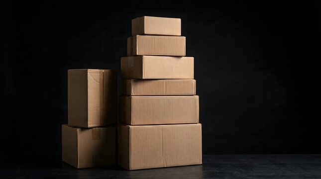 Stack of brown cardboard shipping boxes arranged neatly against a dark textured background with box stack parcel delivery package shipping